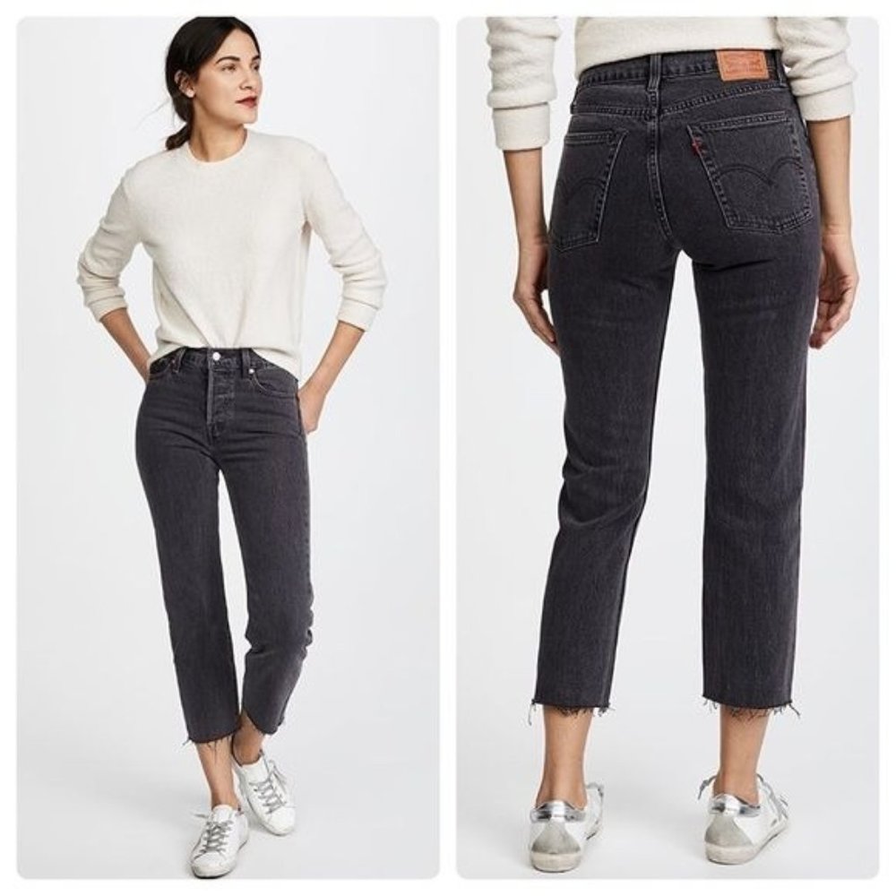 Levi’s Wedgie High Rise Faded Black Jeans Raw Hem Size 26 Petite